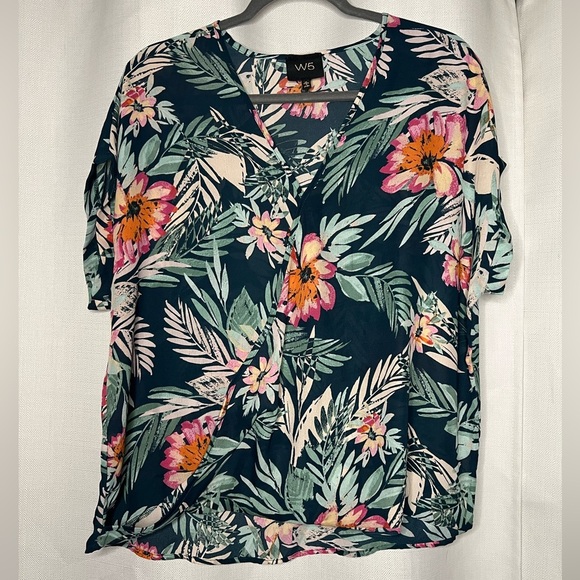 W5 Navy Blue Tropical Print Surplice Blouse - Picture 7 of 7